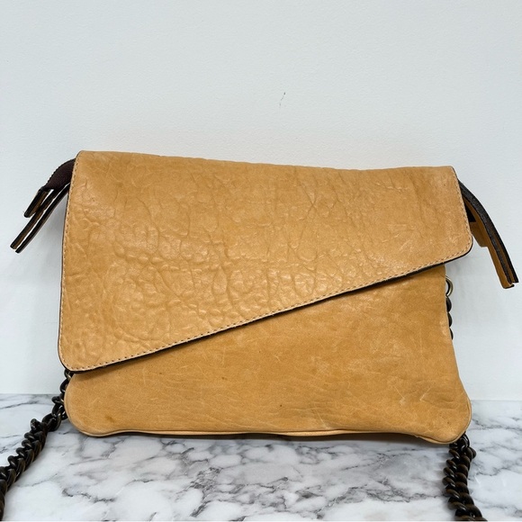 MAXON COLLECTION PEBBLED LEATHER MUSTARD YELLOW ASYMMETRIC FLAP CROSSBODY BAG - Picture 9 of 15